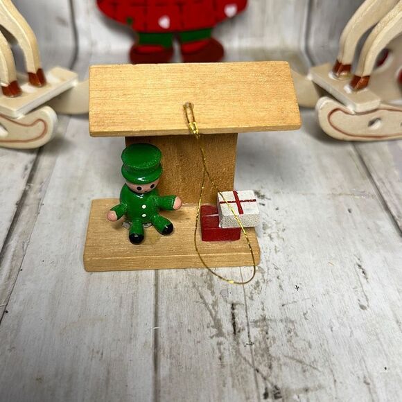 Vintage Wooden Christmas Ornaments 2 Rocking Horses Red Green Dress Lady - Picture 4 of 9